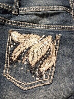 Vanilla Star Dark Blue Skinny Denim Shorts with Silver Lace Pocket